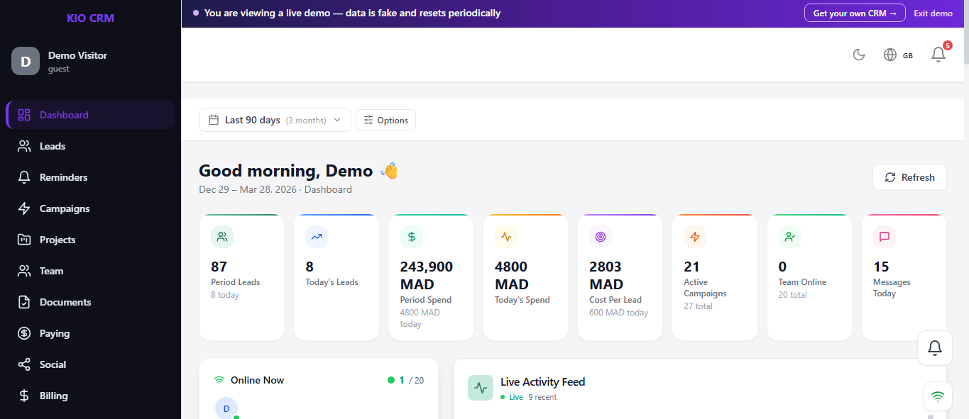 KIO CRM Platform dashboard