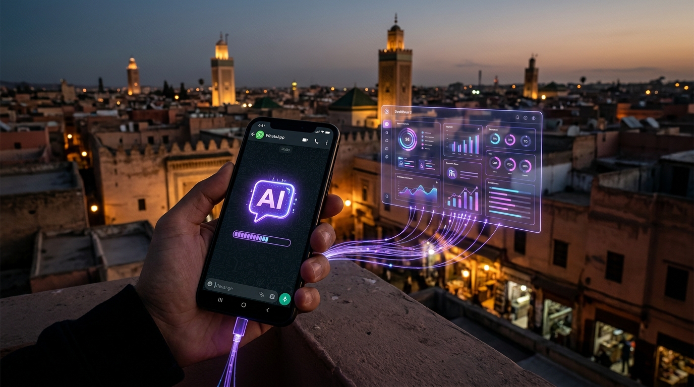 Dark cinematic scene of WhatsApp AI Agent in Morocco